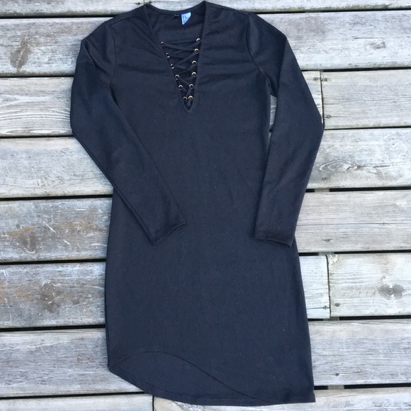 Black Long Sleeve Laced up Neckline Dress - Picture 1 of 5